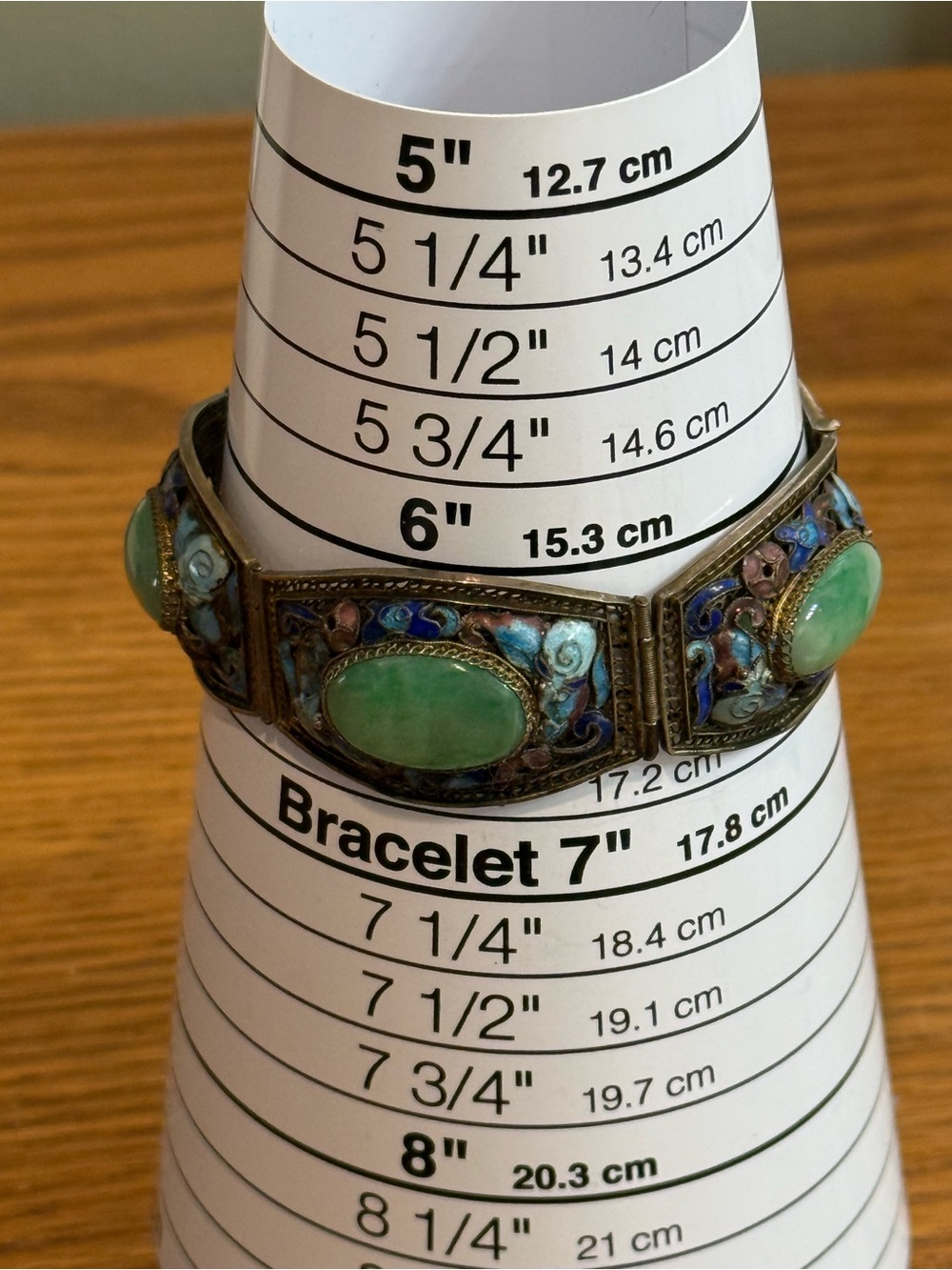 Vintage Chinese Export Cloisonne Enamel Gilt Filigree Jade Panel Bracelet Sz 6